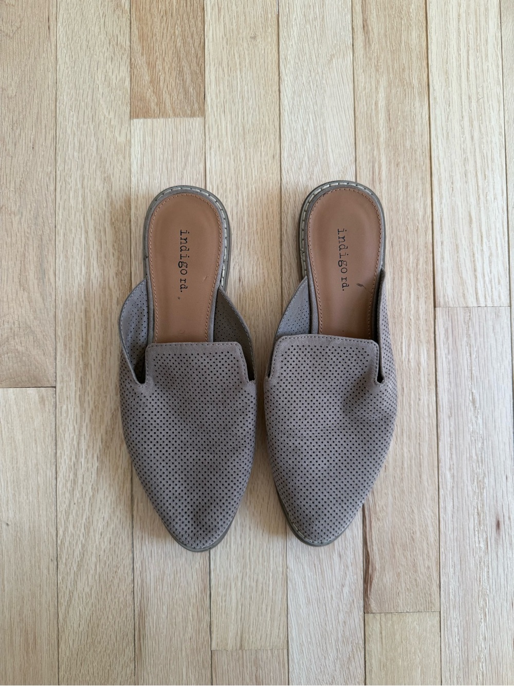 Indigo Taupe Perforated Pointed-Toe Mules